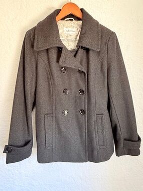 Calvin Klein Wool Blend Double Breasted Peacoat Jacket Size 14  Black gray